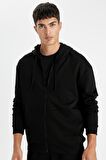 DeFacto Siyah Comfort Regular Fit Rahat Kalıp Kapüşonlu Kalın İçi Yumuşak Tüylü Fermuarlı Sweatshirt D2323AX24AUBK81