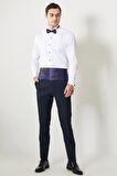 Erkek Beyaz-lacivert Slim Fit Dar Kesim Mono Yaka Desenli Klasik Smokin Takım