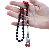 1000 Ayar Gümüş Kazaz Püsküllü Arpa Kesim Süzme Kırmızı-Siyah Ateş Kehribar Tesbih