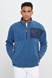 Erkek Indigo Oversize Bol Kesim Bato Yaka Cep Detaylı Fermuarlı Isı Tutan Polar Sweatshirt