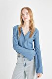 DeFacto Coool Fitted Basic Düz Düğmeli Uzun Kollu Crop Gömlek A0012AX24AUBE455