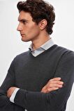 Ds Damat Regular Fit Antrasit Düz V Yaka Triko Kazak 5HF06ORT12003 5HF06ORT12003