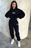 Kadın Afro Wear Baskılı Siyah Üç İplik Polar Eşofman Takımı