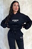 Kadın Afro Wear Baskılı Siyah Üç İplik Polar Eşofman Takımı