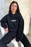 Kadın Afro Wear Baskılı Siyah Üç İplik Polar Eşofman Takımı