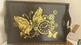 Siyah Gold Kelebek Stencil Baskılı Ahşap Tepsi