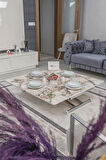 Akıllı Sehpa Home Üst Tabla Mdf Oval Köşe Beyaz Mermer Alt Ayak Krom Renk