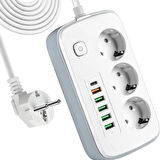 Akım Korumalı 3'lü Grup Priz, 1,5 Metre Kablo, 4 USB, Type-C 20W, 2500W, 16A, Termal Koruma, Çocuk K