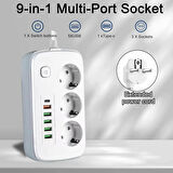 Akım Korumalı 3'lü Grup Priz, 1,5 Metre Kablo, 4 USB, Type-C 20W, 2500W, 16A, Termal Koruma, Çocuk K