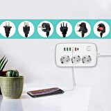 Akım Korumalı 3'lü Grup Priz, 1,5 Metre Kablo, 4 USB, Type-C 20W, 2500W, 16A, Termal Koruma, Çocuk K