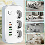 Akım Korumalı 3'lü Grup Priz, 1,5 Metre Kablo, 4 USB, Type-C 20W, 2500W, 16A, Termal Koruma, Çocuk K