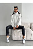 Unisex Dik Yaka Yarım Fermuarlı Düşük Kol Pamuk Oversize Sweatshirt