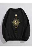 Kadın Siyah Parıltılı Ay Bisiklet Yaka Sweatshirt