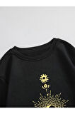 Kadın Siyah Parıltılı Ay Bisiklet Yaka Sweatshirt