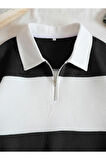 Unisex Çizgili Oversize Polo Yaka Yarım Fermuarlı Sweatshirt