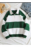 Unisex Çizgili Oversize Polo Yaka Yarım Fermuarlı Sweatshirt