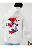 Erkek Beyaz Sırt Gül Baskılı Kapüşonlu Sweatshirt