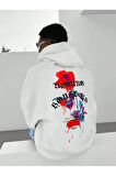 Erkek Beyaz Sırt Gül Baskılı Kapüşonlu Sweatshirt