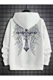 Erkek Beyaz Sırt Hac Baskılı Kapüşonlu Sweatshirt