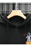 Erkek Siyah Sırt Uzay Baskılı Oversize Kapşonlu Sweatshirt