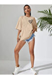 Kadın Kalp Baskılı Oversize T-shirt