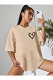 Kadın Kalp Baskılı Oversize T-shirt