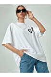 Kadın Kalp Baskılı Oversize T-shirt