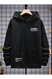 Erkek Siyah Be Yourself Baskılı Oversize Kapşonlu Sweatshirt