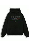 Erkek Siyah Büyük Paris Baskılı Kapüşonlu Sweatshirt