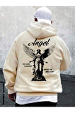 Unisex Bej Sırt Angel Baskı Kapüşonlu Sweatshirt