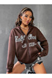 Kadın Kahverengi California Baskılı Kapüşonlu Fermuarlı Hırka