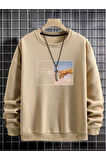 Erkek El Baskı Bisiklet Yaka Sweatshirt