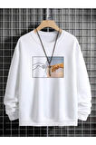 Erkek El Baskı Bisiklet Yaka Sweatshirt