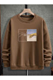 Erkek El Baskı Bisiklet Yaka Sweatshirt