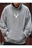 Erkek Geyik Baskı Kapüşonlu Sweatshirt