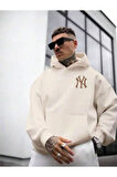 Erkek Ön Arka NY Baskılı Kapüşonlu Sweatshirt