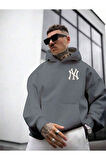 Erkek Ön Arka NY Baskılı Kapüşonlu Sweatshirt