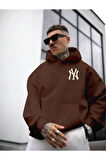 Erkek Ön Arka NY Baskılı Kapüşonlu Sweatshirt