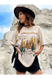 Unisex Bej Arizona Baskılı Oversize Bisiklet Yaka T-shirt