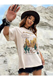 Unisex Bej Arizona Baskılı Oversize Bisiklet Yaka T-shirt