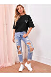Kadın Kalp Baskılı Oversize T-shirt