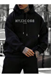 Erkek Siyah Ters Brooklyn Baskılı Kapüşonlu Sweatshirt