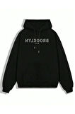 Erkek Siyah Ters Brooklyn Baskılı Kapüşonlu Sweatshirt