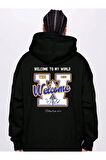 Erkek Siyah Sırt Welcome Baskılı Kapüşonlu Sweatshirt