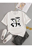 Unisex Beyaz Bamboo Panda Baskılı Oversize Bisiklet Yaka T-Shirt