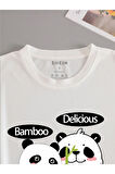 Unisex Beyaz Bamboo Panda Baskılı Oversize Bisiklet Yaka T-Shirt