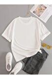 Unisex Beyaz Bamboo Panda Baskılı Oversize Bisiklet Yaka T-Shirt