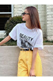 Unisex Beyaz Beauty Baskılı Oversize Bisiklet Yaka T-shirt