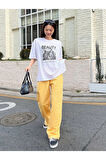 Unisex Beyaz Beauty Baskılı Oversize Bisiklet Yaka T-shirt
