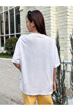 Unisex Beyaz Beauty Baskılı Oversize Bisiklet Yaka T-shirt